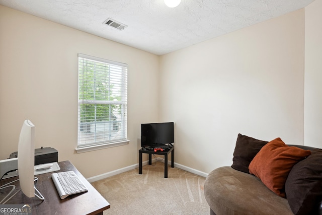 office area featuring visible vents, baseboards, and light colored carpet