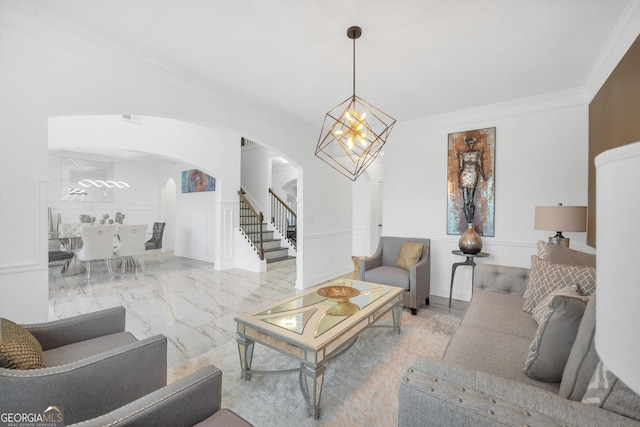 living area with ornamental molding, marble finish floor, stairway, arched walkways, and a notable chandelier