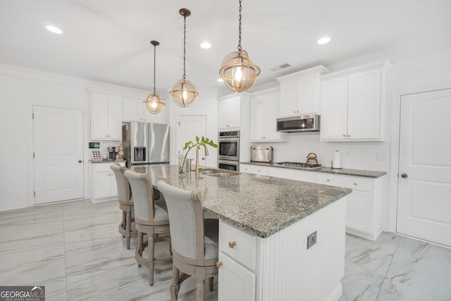 kitchen with visible vents, marble finish floor, recessed lighting, appliances with stainless steel finishes, and backsplash