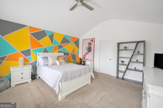 bedroom with carpet floors, ceiling fan, and vaulted ceiling