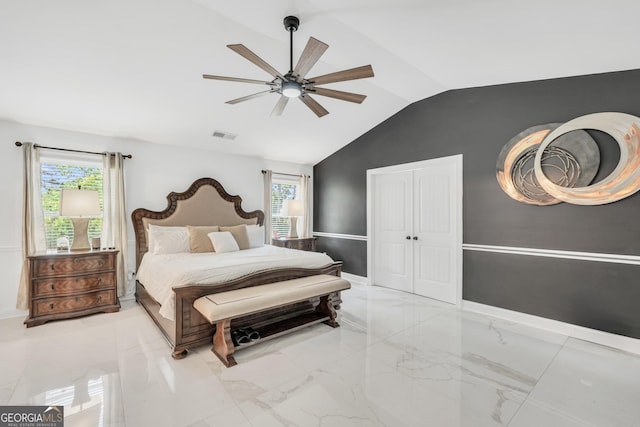 bedroom featuring visible vents, marble finish floor, lofted ceiling, baseboards, and ceiling fan