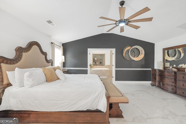 bedroom with visible vents, marble finish floor, baseboards, connected bathroom, and vaulted ceiling