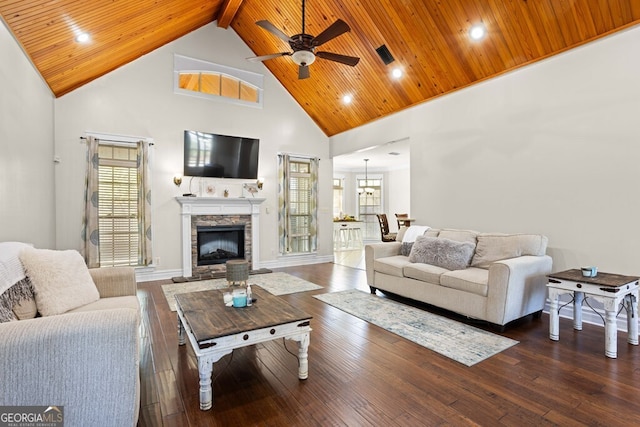 4577 San Saba Dr, Hahira, GA 31632 - living room featuring wooden ceiling, high vaulted ceiling, a ceiling fan, and hardwood / wood-style flooring