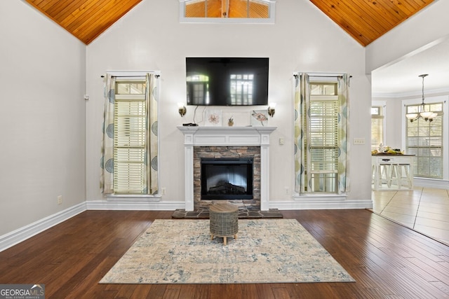 4577 San Saba Dr, Hahira, GA 31632 - living area featuring a notable chandelier, a stone fireplace, lofted ceiling, and hardwood / wood-style floors