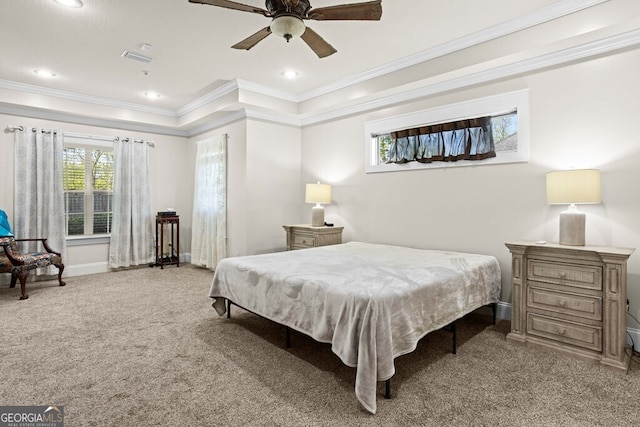 4577 San Saba Dr, Hahira, GA 31632 - carpeted bedroom featuring visible vents, ornamental molding, baseboards, ceiling fan, and recessed lighting