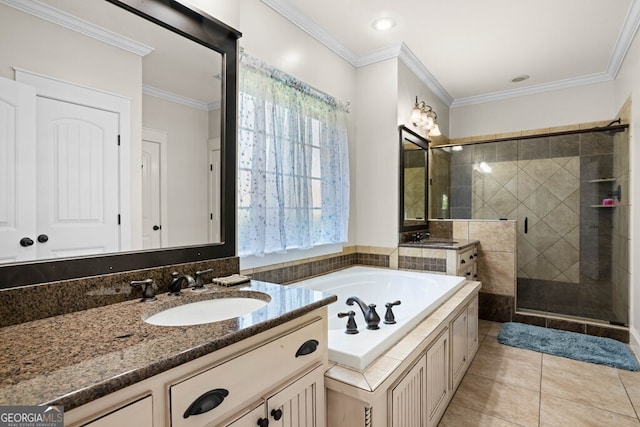4577 San Saba Dr, Hahira, GA 31632 - bathroom featuring crown molding, vanity, a stall shower, and a garden tub