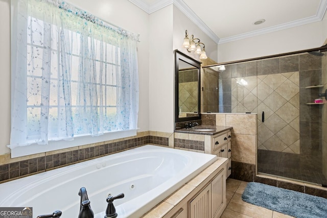 4577 San Saba Dr, Hahira, GA 31632 - full bath featuring vanity, ornamental molding, a jetted tub, tile patterned floors, and a shower stall