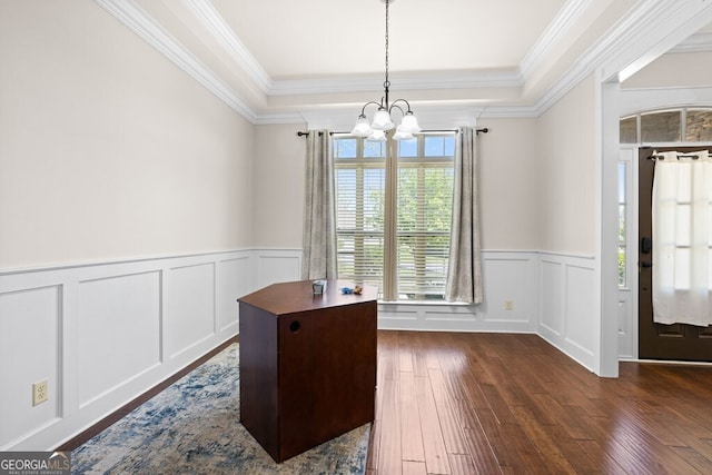 4577 San Saba Dr, Hahira, GA 31632 - unfurnished office with ornamental molding, wainscoting, dark wood-style flooring, a decorative wall, and a notable chandelier