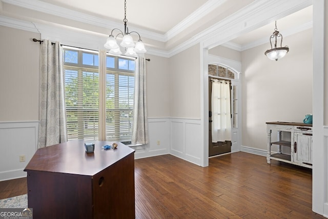 4577 San Saba Dr, Hahira, GA 31632 - office area featuring an inviting chandelier, ornamental molding, wainscoting, and dark wood-type flooring