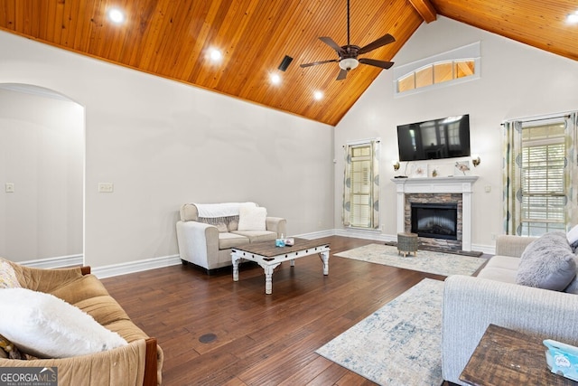 4577 San Saba Dr, Hahira, GA 31632 - living area with a fireplace, high vaulted ceiling, wood ceiling, arched walkways, and a ceiling fan
