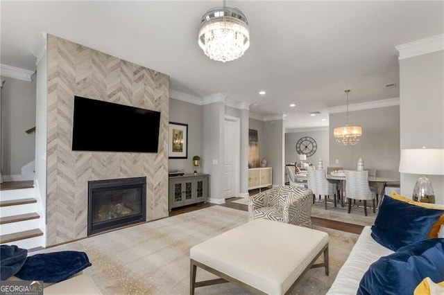 3592 Parkhaven Pl, Brookhaven, GA 30319 - living room with crown molding, a tiled fireplace, and a chandelier