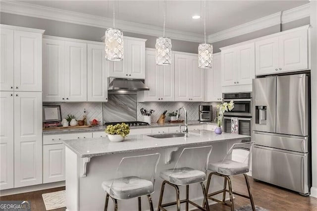 3592 Parkhaven Pl, Brookhaven, GA 30319 - kitchen featuring white cabinets, a sink, stainless steel appliances, dark wood-type flooring, and under cabinet range hood
