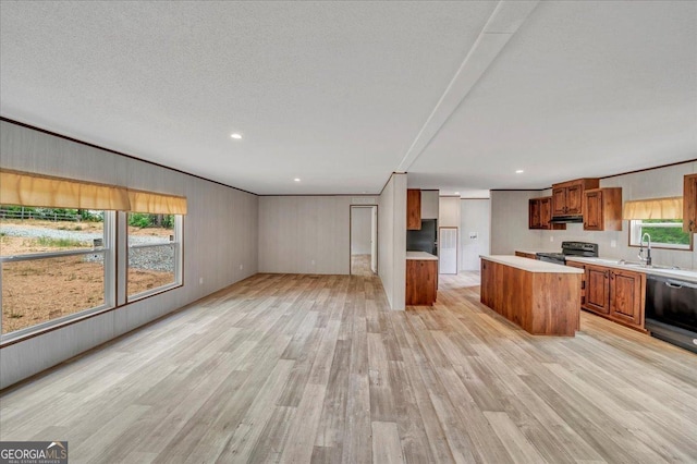 kitchen with electric range, light countertops, brown cabinets, light wood finished floors, and dishwasher