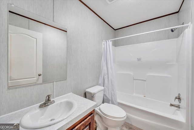 full bathroom with vanity, shower / tub combo with curtain, toilet, and ornamental molding