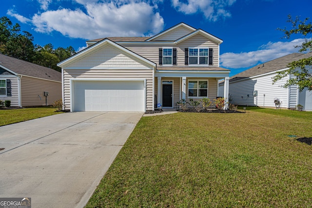 110 Cole St, Pooler, GA 31322 - traditional-style house with an attached garage, concrete driveway, a porch, and a front yard