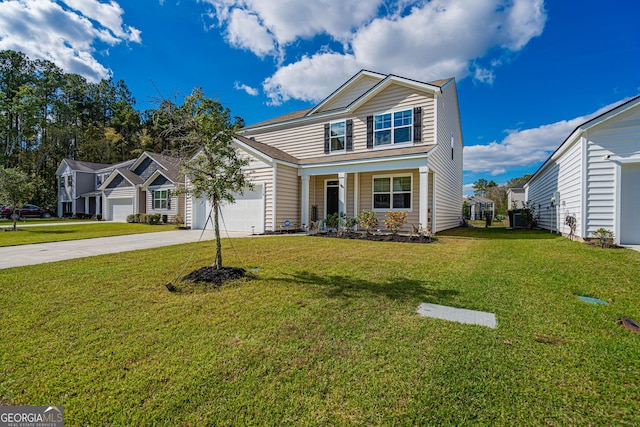 110 Cole St, Pooler, GA 31322 - traditional-style home with an attached garage, concrete driveway, a porch, and a front lawn