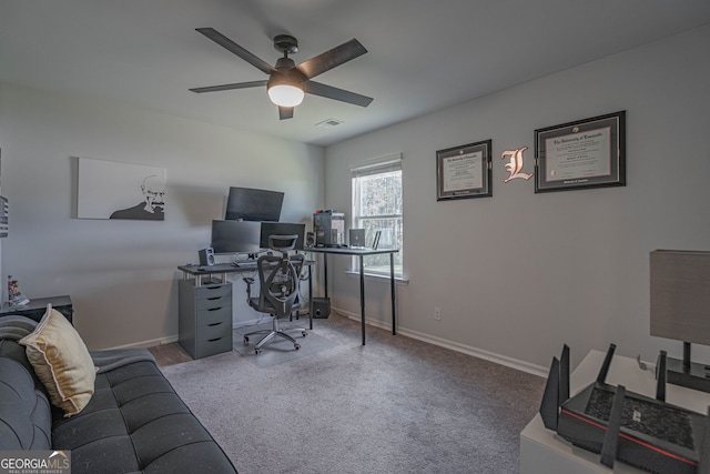 110 Cole St, Pooler, GA 31322 - carpeted home office with visible vents, baseboards, and ceiling fan