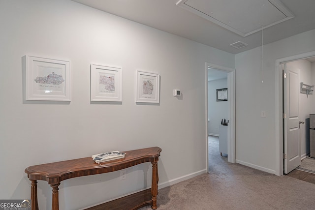110 Cole St, Pooler, GA 31322 - hall with baseboards, attic access, carpet flooring, and visible vents