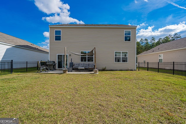 110 Cole St, Pooler, GA 31322 - rear view of house with a lawn, a patio, outdoor lounge area, and a fenced backyard