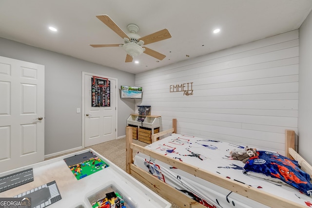 bedroom featuring baseboards, ceiling fan, recessed lighting, and light colored carpet