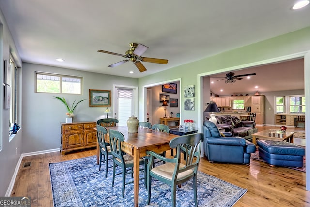 dining room with recessed lighting, ceiling fan, visible vents, and light wood-type flooring