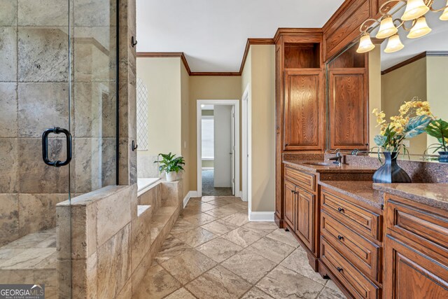 bathroom featuring crown molding, a garden tub, vanity, baseboards, and tiled shower