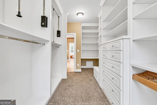 spacious closet featuring light colored carpet