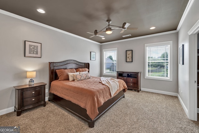 1530 Highland Creek Dr, Monroe, GA 30656 - bedroom featuring carpet, ornamental molding, baseboards, a ceiling fan, and recessed lighting