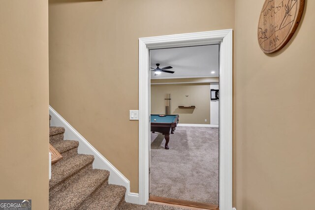 stairs featuring carpet floors, billiards, and baseboards
