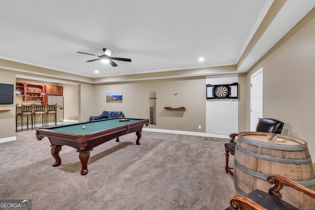 game room with ornamental molding, baseboards, ceiling fan, pool table, and carpet flooring
