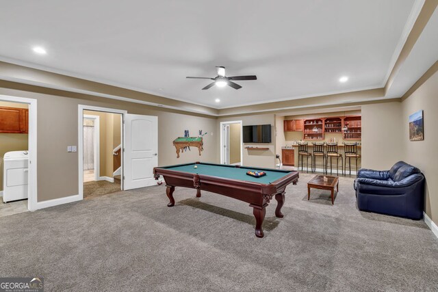 playroom featuring carpet floors, washer / clothes dryer, ceiling fan, pool table, and a dry bar