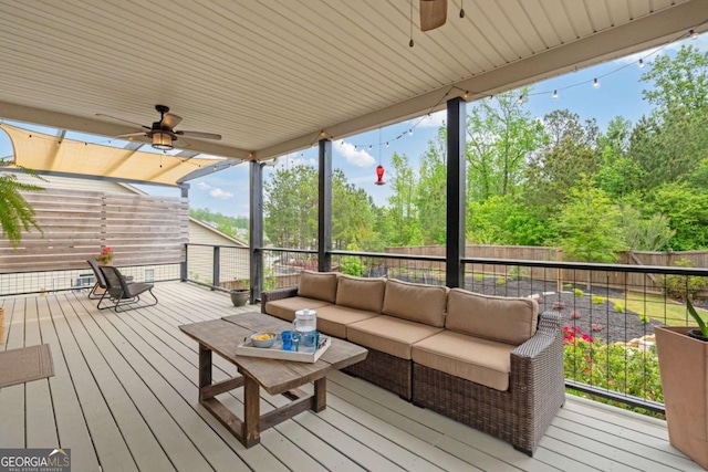 7730 Tiberon Pkwy, Cumming, GA 30028 - wooden terrace with ceiling fan, outdoor lounge area, and a fenced backyard