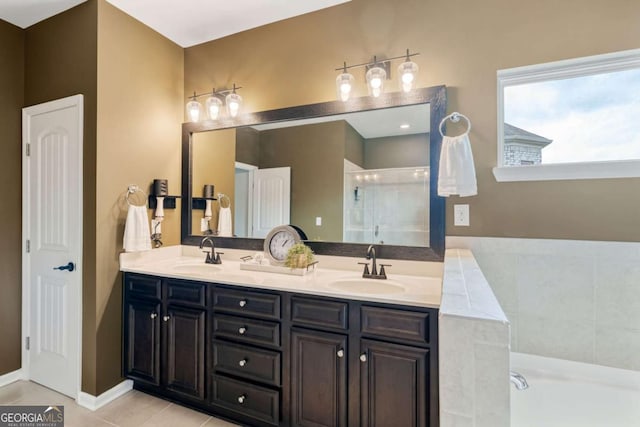 7730 Tiberon Pkwy, Cumming, GA 30028 - full bathroom with tile patterned flooring, a sink, double vanity, and a shower stall