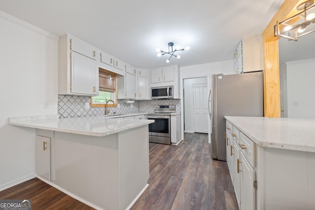 kitchen with decorative backsplash, a sink, a peninsula, stainless steel appliances, and dark wood-type flooring