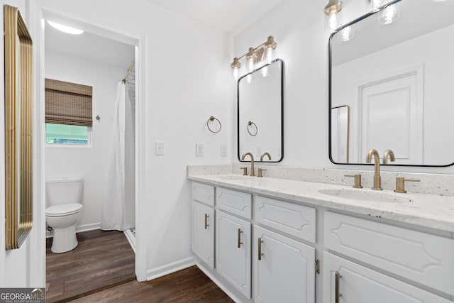 bathroom featuring a sink, toilet, double vanity, and wood finished floors