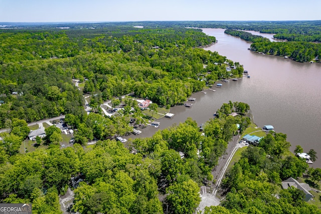 aerial view featuring a view of trees and a water view