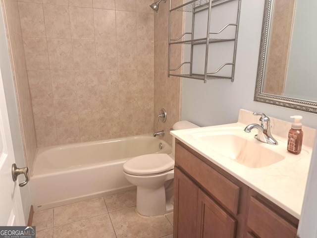 bathroom with toilet, shower / tub combination, tile patterned flooring, and vanity