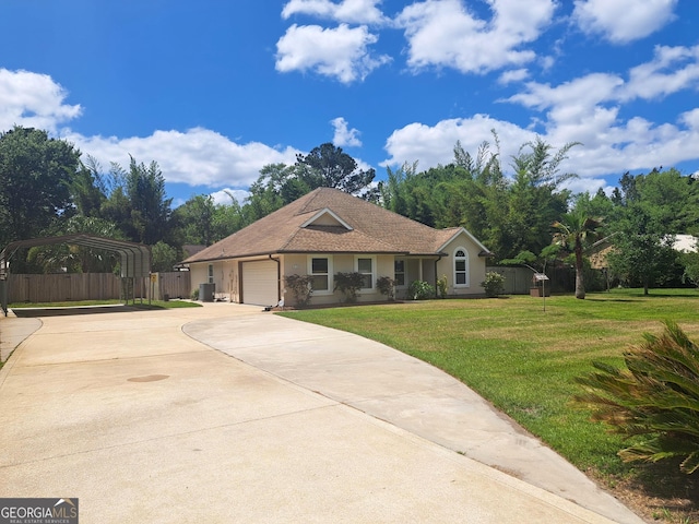 ranch-style house with fence, stucco siding, concrete driveway, and a front lawn