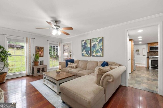 living room with a ceiling fan, ornamental molding, and hardwood / wood-style flooring