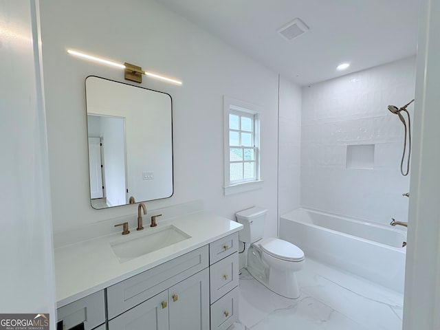 5753 Brendlynn Dr, Suwanee, GA 30024 - bathroom featuring vanity, marble look tiles, and bathtub / shower combination