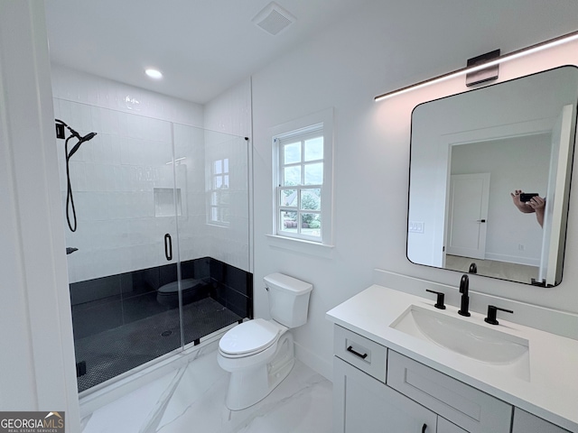 5753 Brendlynn Dr, Suwanee, GA 30024 - full bathroom with vanity, a stall shower, marble finish floors, and recessed lighting