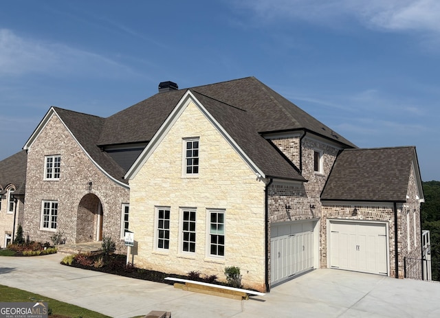 5753 Brendlynn Dr, Suwanee, GA 30024 - french country inspired facade featuring concrete driveway, a shingled roof, an attached garage, a chimney, and stone siding