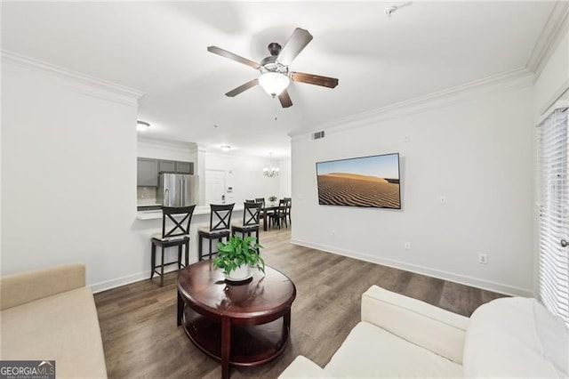 5559 Glenridge Dr Unit 1103, Sandy Springs, GA 30342 - living area with crown molding, dark wood-style flooring, ceiling fan, and visible vents