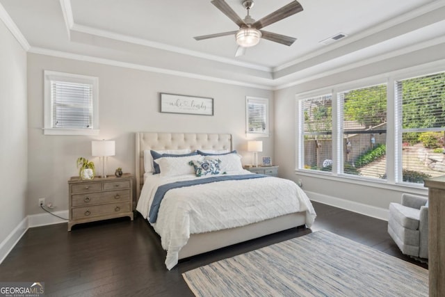4207 N Carver Dr, Atlanta, GA 30360 - bedroom featuring dark wood-style flooring, a tray ceiling, and baseboards