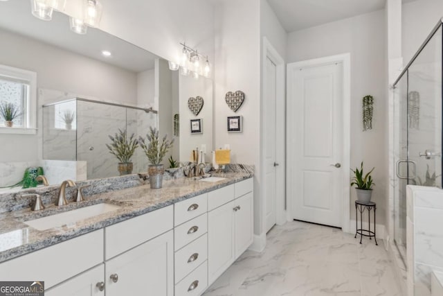 4207 N Carver Dr, Atlanta, GA 30360 - bathroom featuring a marble finish shower, double vanity, marble finish floors, and recessed lighting