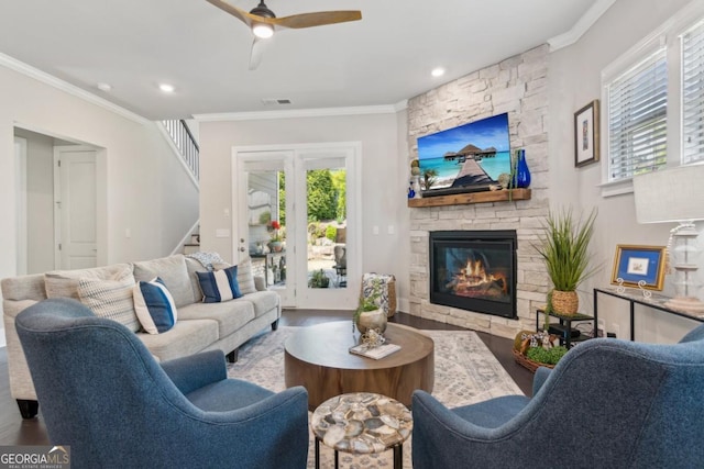 4207 N Carver Dr, Atlanta, GA 30360 - living room with a ceiling fan, wood finished floors, plenty of natural light, crown molding, and recessed lighting