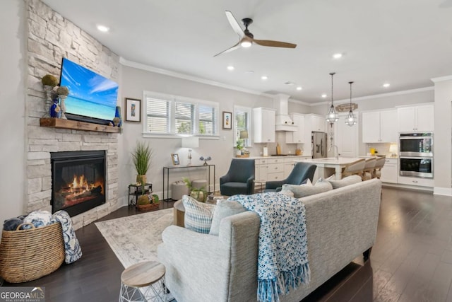 4207 N Carver Dr, Atlanta, GA 30360 - living room with crown molding, ceiling fan, dark wood-style floors, and a stone fireplace