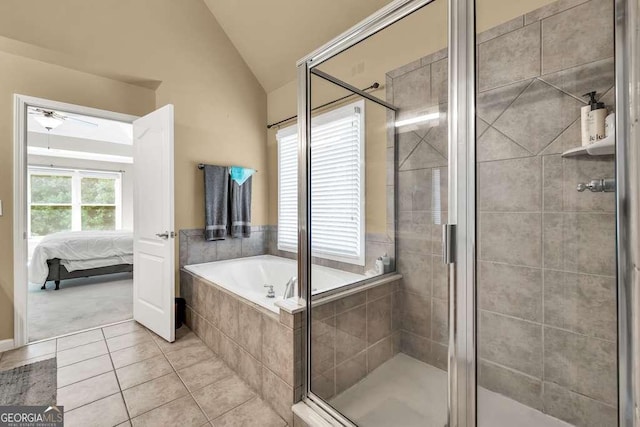 full bath with a garden tub, a shower stall, vaulted ceiling, tile patterned floors, and ensuite bath