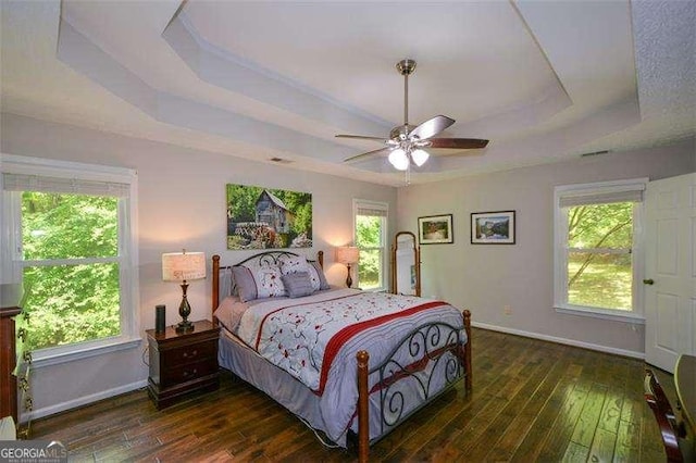 bedroom with baseboards, a tray ceiling, and hardwood / wood-style flooring
