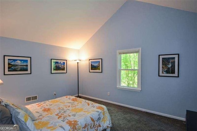 bedroom with baseboards, carpet, vaulted ceiling, and visible vents